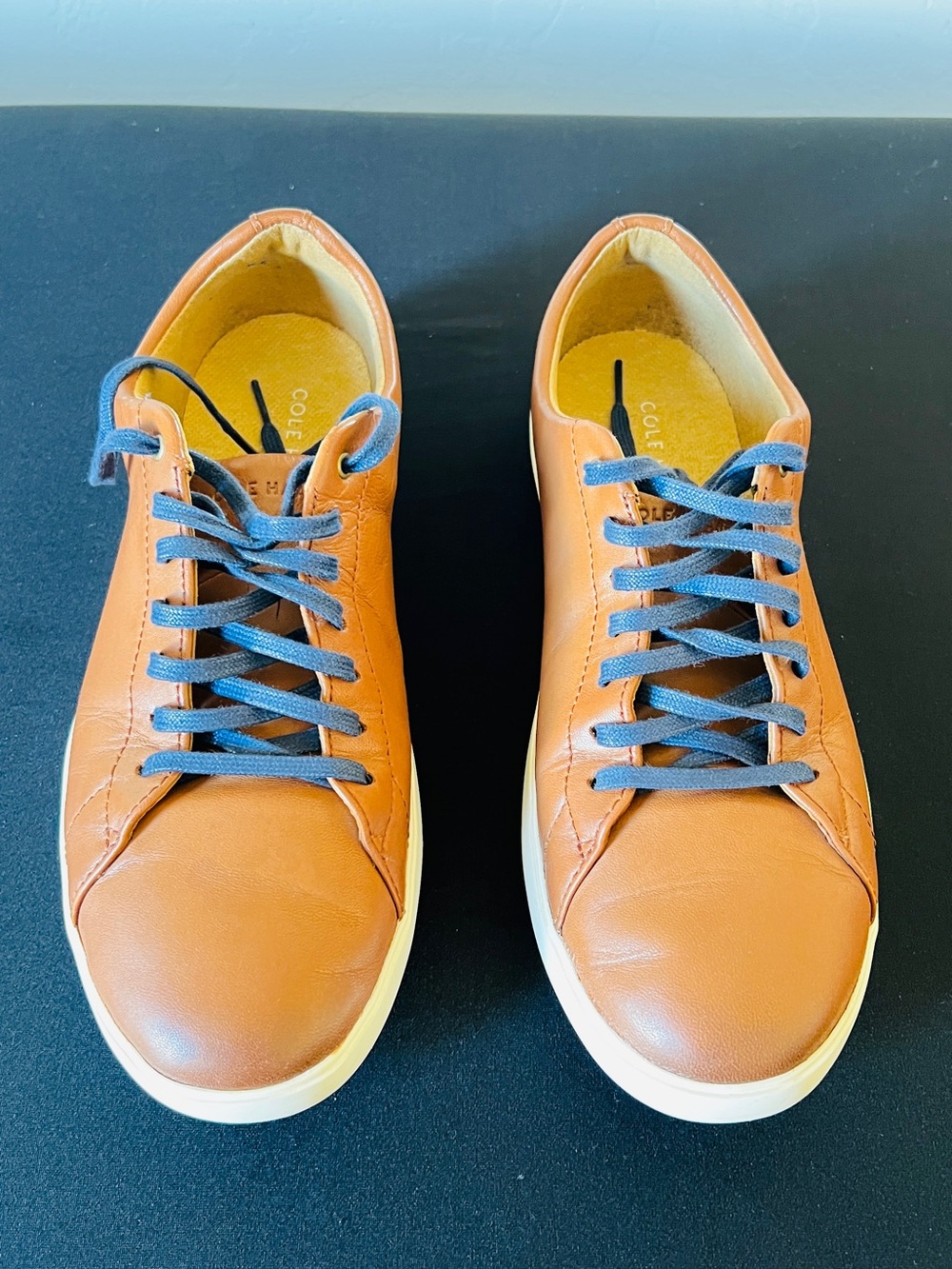 Cole Haan Men’s Tan Leather Sneakers with Blue Laces